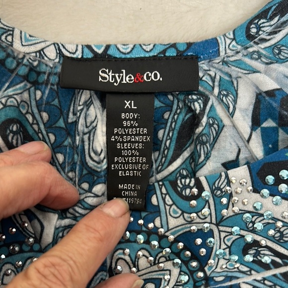 Style & Co. Blue Graphic Blouse with Flutter Sleeves - Picture 2 of 10